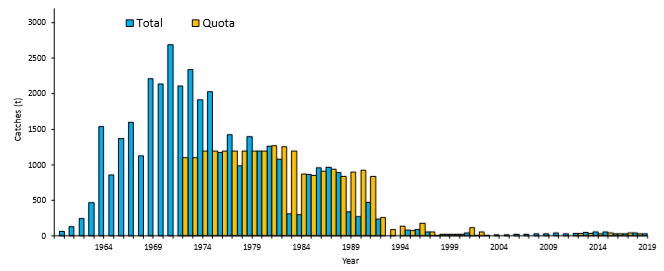Nominal landings and commercial quotas (tonnes, round fresh weight) of salmon at West Greenland from 1960 to 2019